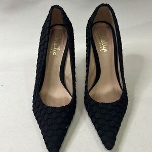 Shellys London Stilleto Pumps Women's Size 7.5 Black Fabric Covered High Heels